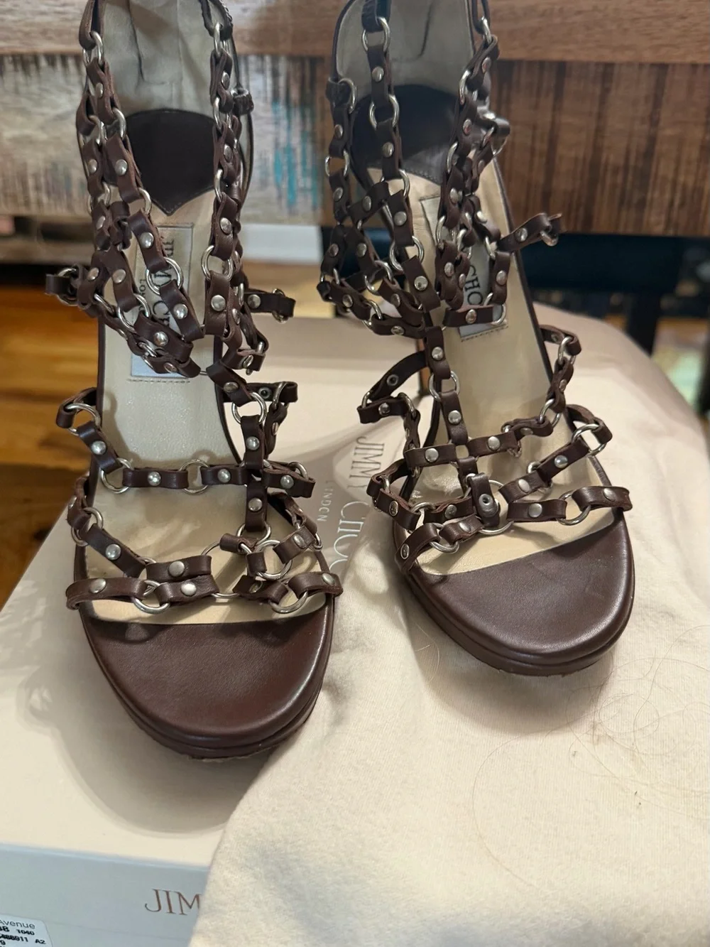 Saks Fifth Avenue Brown Leather Chain-Strap Gladiator Heels